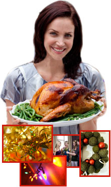 woman holding up holiday turkey with guests in background.